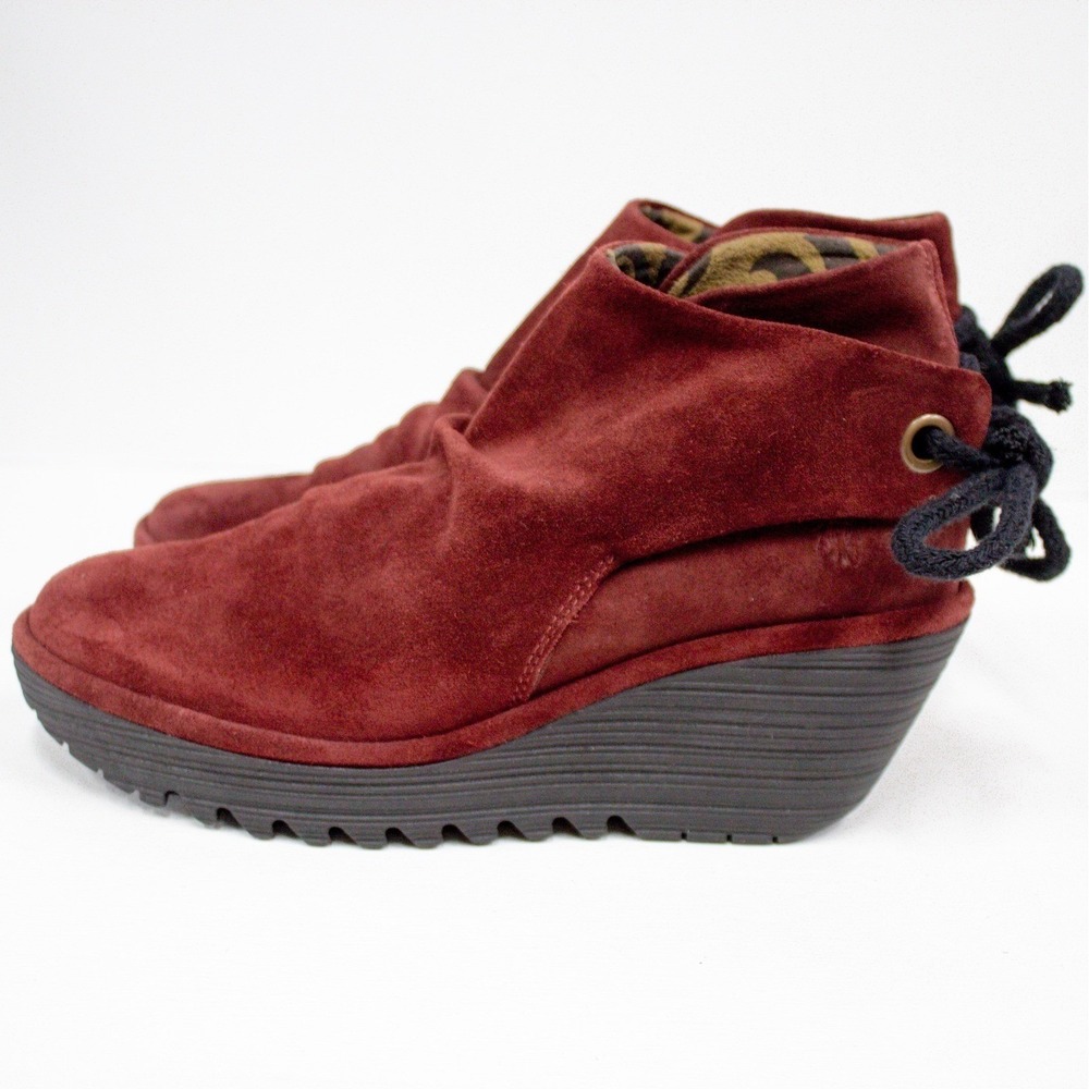 Fly London Women's Yebi Boot Size 8 US/39 EU Red Suede Wedge Platform Booties - Picture 10 of 13